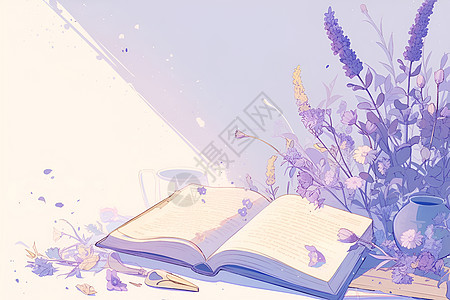 紫色背景下的花朵和书本图片