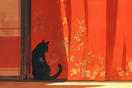 红色窗帘边的黑猫图片
