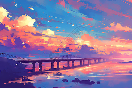 海岸上的夕阳桥梁图片