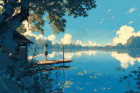 少女在湖畔看着静谧的夜景图片