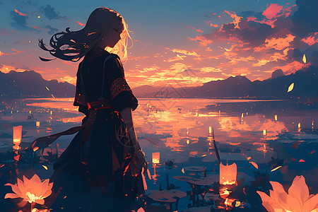 夕阳下女孩在湖边看莲花灯图片