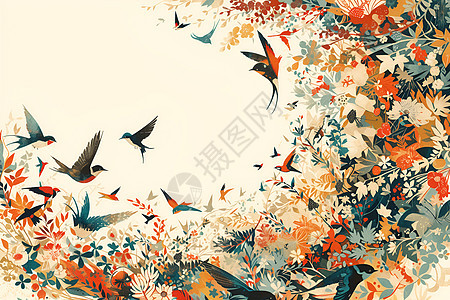 飞翔的鸟与五彩落叶交织的森林图片