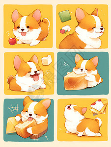 萌萌哒的柯基吃着面包和其他丰富多彩的食物贴纸图片