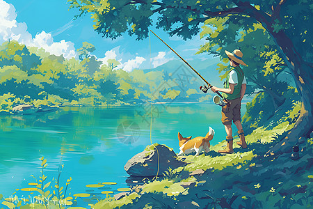 男孩与柯基在宁静的河边钓鱼图片