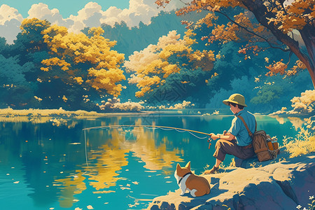 男孩与狗在河边钓鱼图片