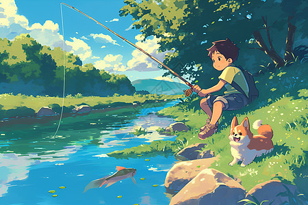 男孩和他的柯基犬在河边钓鱼图片