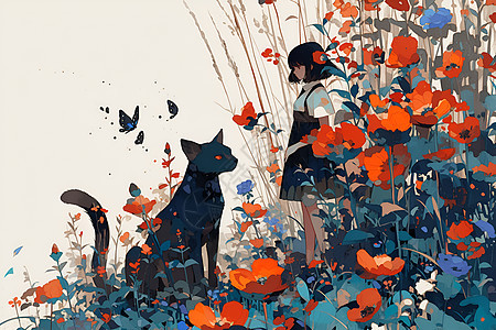 少女和黑猫在花丛中图片
