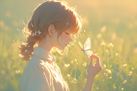 夕阳下的少女与蝴蝶图片