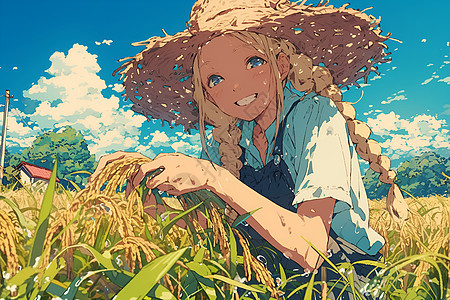 戴着草帽的女孩在稻田中图片