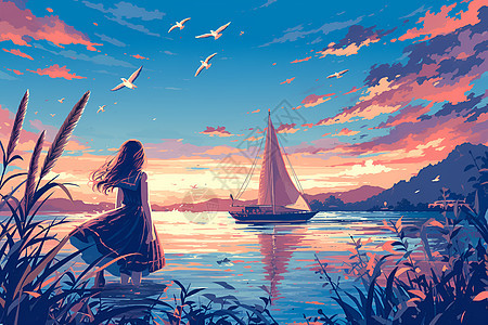 夕阳下少女在欣赏湖边的美景图片