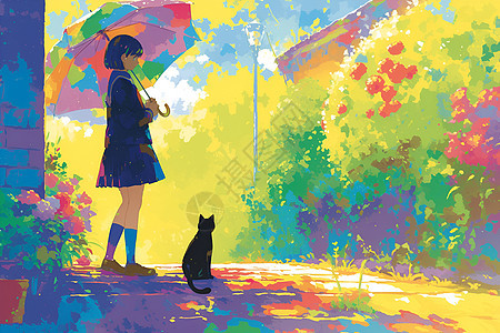 街头撑伞的女孩和猫咪图片