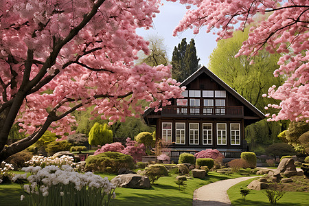 粉色花园中的木屋图片