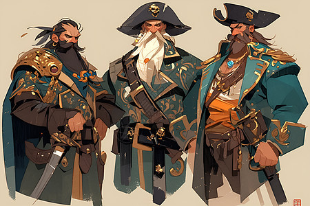 三位戴着帽子的海盗图片
