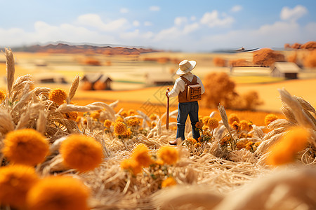 农夫模型在麦田中图片