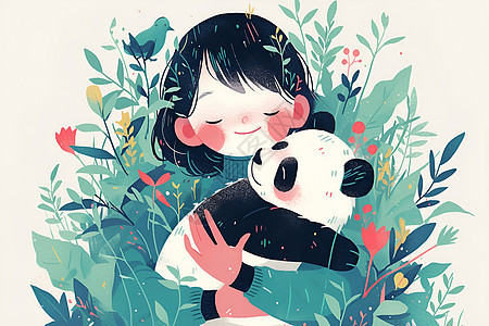 女孩在花丛里抱着熊猫图片