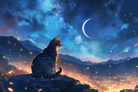 猫咪仰望夜空的细腻油画图片