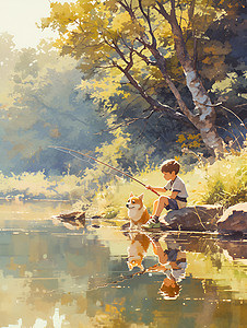 静谧河畔男孩与柯基钓鱼图片