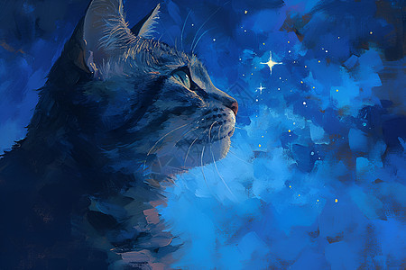 星空下沉思的猫图片