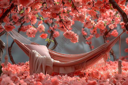 桃花树下的粉色吊床图片