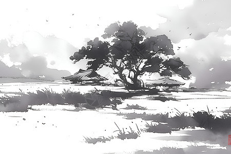 画中的枯树冬景图片