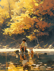 小男孩与小狗在河中钓鱼图片