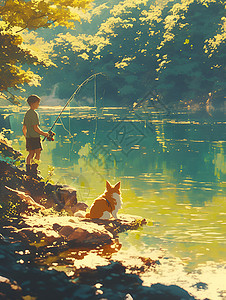 男孩和小狗在河边钓鱼图片