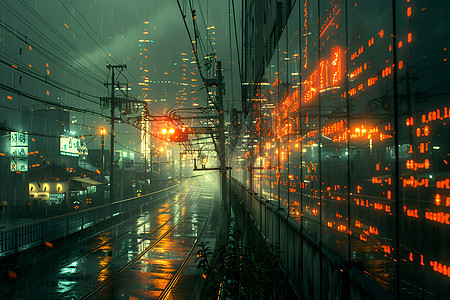 城市夜景下的火车轨道图片