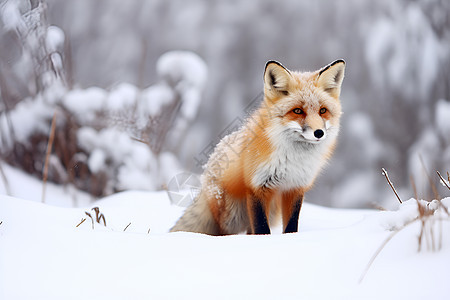 白狐立于雪地中图片