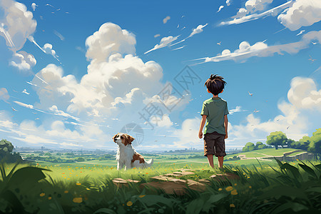 小男孩与他的狗在绿野中图片