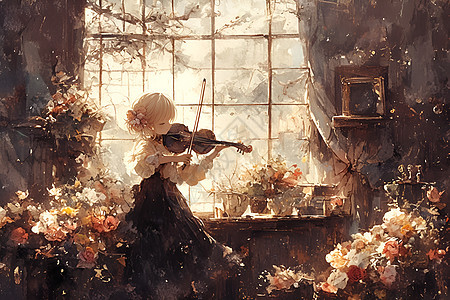 窗边女子拉的小提琴图片