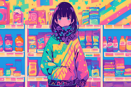 彩色女孩在零食柜前图片