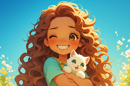 快乐的小女孩与小白猫咪图片