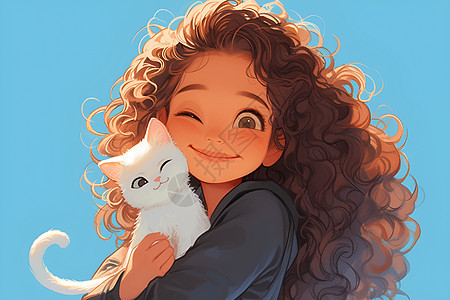 可爱的女孩抱着小白猫咪图片