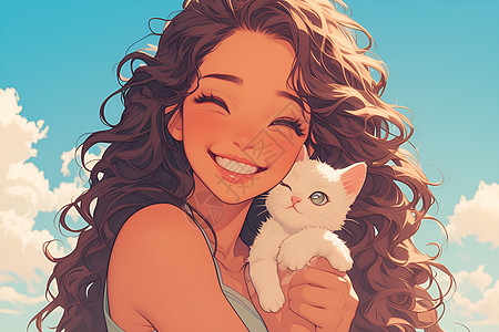 可爱的女孩抱着一只白色小猫图片