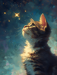 猫咪凝望璀璨星空图片