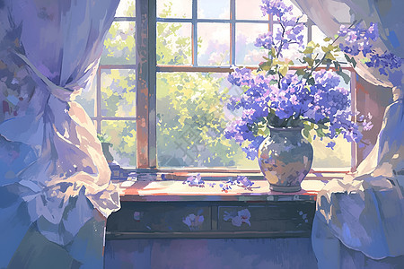 窗前的紫色花朵图片