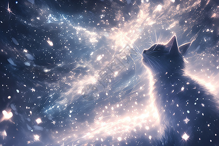 星空下的猫咪插画图片