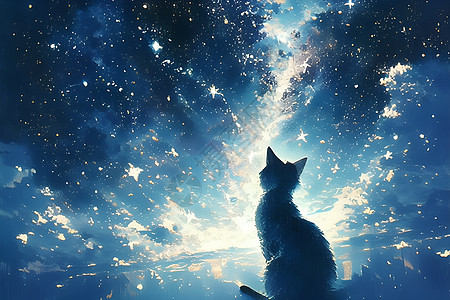 猫儿仰望星空的美丽插画图片