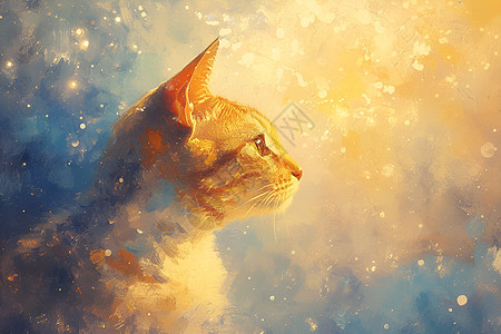 猫儿仰望星空的精致绘画图片
