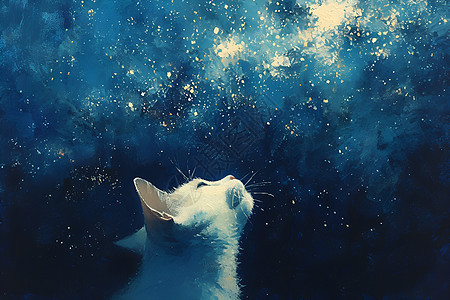 星空下仰望的猫咪图片