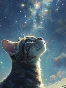 星空下的一只可爱猫咪图片