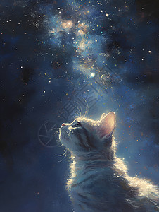 猫咪仰望星空的油画图片