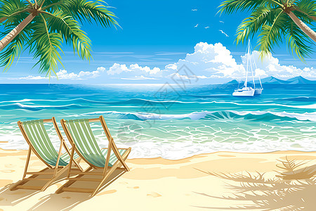 海滩景色插画图片