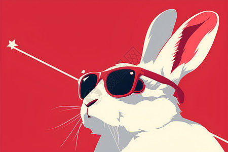 兔子戴墨镜在红色背景下图片