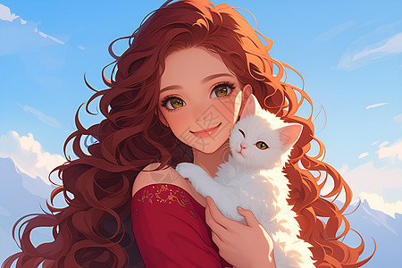 可爱的女孩抱着小白猫图片