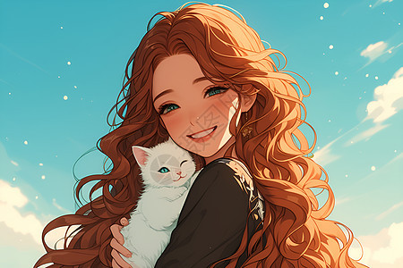 可爱的女孩抱着小白猫图片