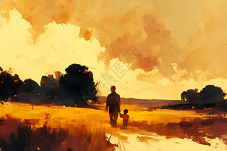 夕阳下父子手牵手穿过田野的数字艺术照片图片