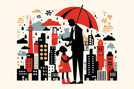 父亲和女儿撑伞走在城市街道上图片