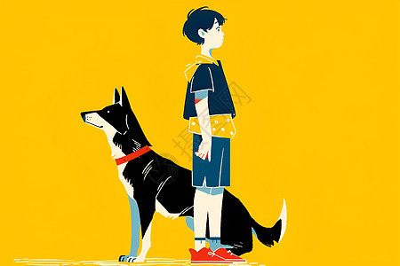 男孩和狗的全身插画图片