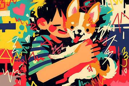 色彩艳丽的男孩和狗插画图片